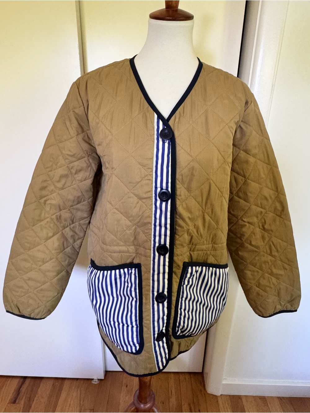 NWOT Free Assembly Tan Quilted Utility Jacket with Striped Pocket Trim